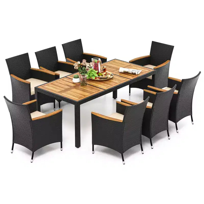 Costway Set da Pranzo per Esterni 9 Pezzi con Tavolo in Legno di Acacia, Foro per Ombrellone, Cuscini Seduta
