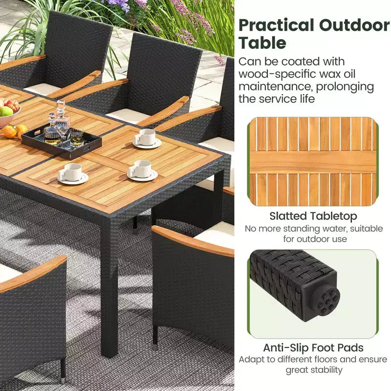 Costway Set da Pranzo per Esterni 9 Pezzi con Tavolo in Legno di Acacia, Foro per Ombrellone, Cuscini Seduta