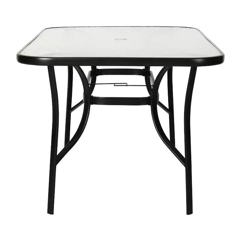 Tavolo da patio commerciale Flash Furniture Tory con piano in vetro temperato, foro per ombrellone e struttura in tubi d'acciaio
