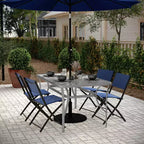 Tavolo da patio commerciale Flash Furniture Tory con piano in vetro temperato, foro per ombrellone e struttura in tubi d'acciaio