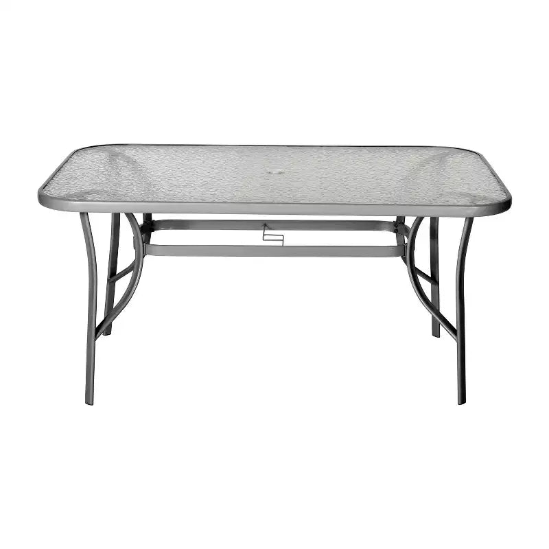 Tavolo da patio commerciale Flash Furniture Tory con piano in vetro temperato, foro per ombrellone e struttura in tubi d'acciaio