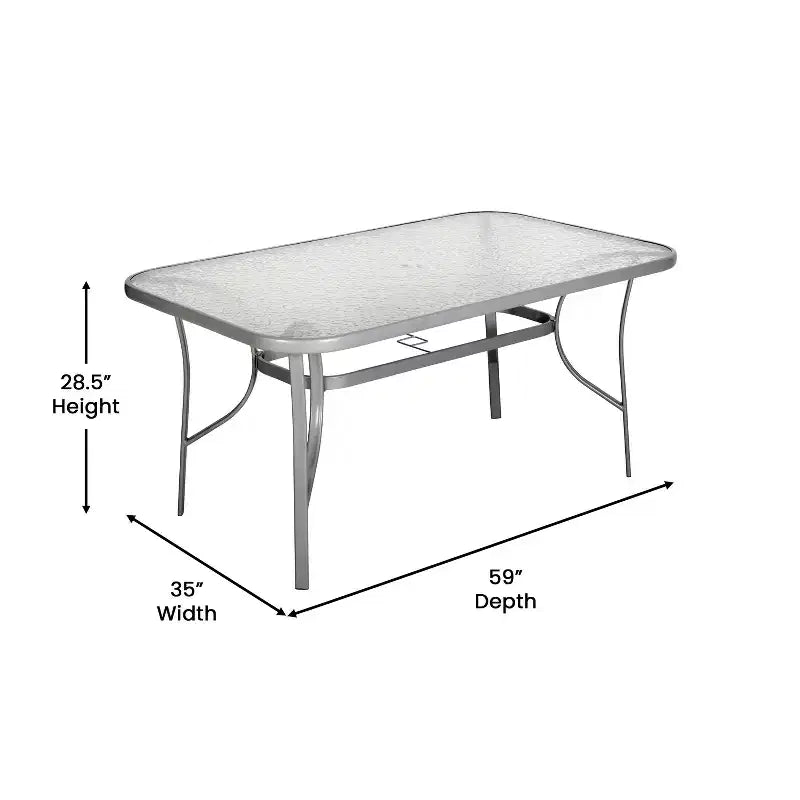 Tavolo da patio commerciale Flash Furniture Tory con piano in vetro temperato, foro per ombrellone e struttura in tubi d'acciaio