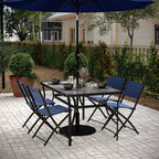Tavolo da patio commerciale Flash Furniture Tory con piano in vetro temperato, foro per ombrellone e struttura in tubi d'acciaio