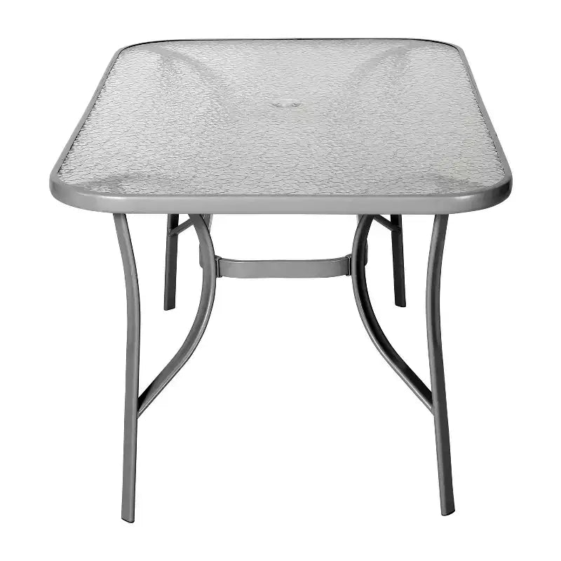 Tavolo da patio commerciale Flash Furniture Tory con piano in vetro temperato, foro per ombrellone e struttura in tubi d'acciaio