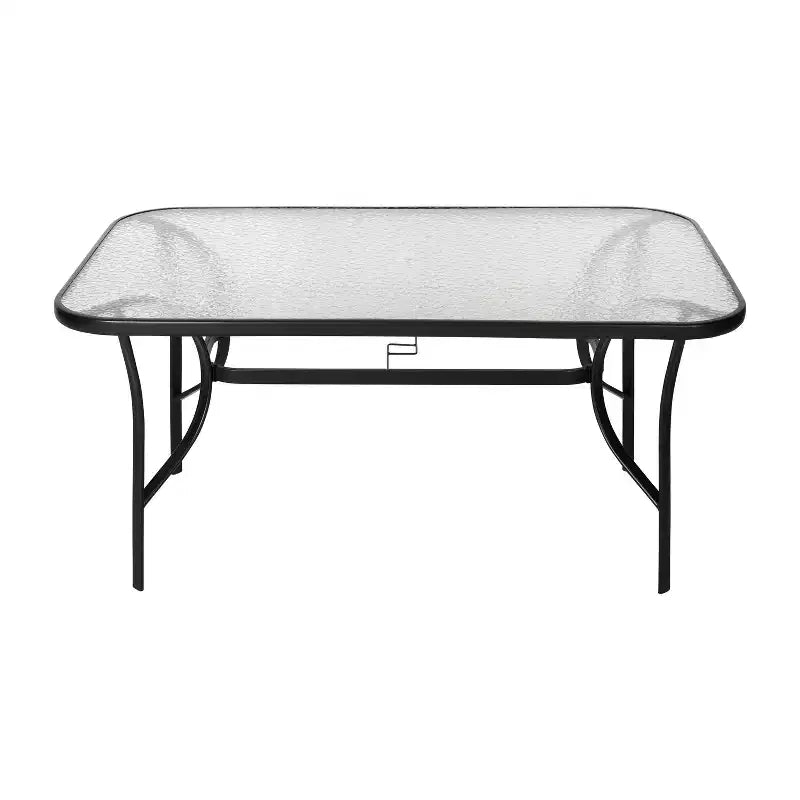 Tavolo da patio commerciale Flash Furniture Tory con piano in vetro temperato, foro per ombrellone e struttura in tubi d'acciaio