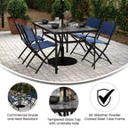 Tavolo da patio commerciale Flash Furniture Tory con piano in vetro temperato, foro per ombrellone e struttura in tubi d'acciaio