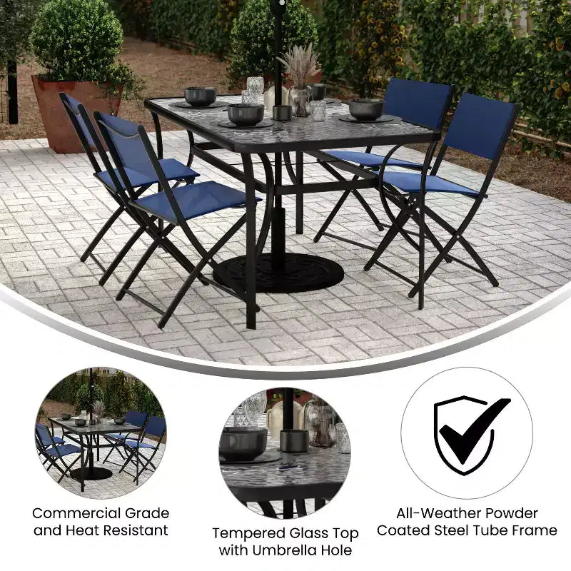 Tavolo da patio commerciale Flash Furniture Tory con piano in vetro temperato, foro per ombrellone e struttura in tubi d'acciaio