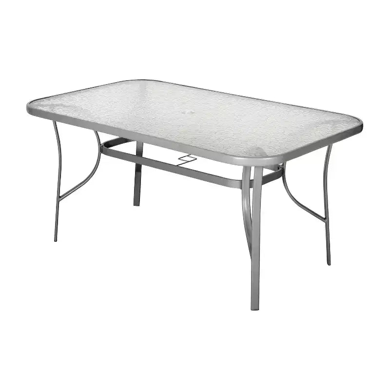 Tavolo da patio commerciale Flash Furniture Tory con piano in vetro temperato, foro per ombrellone e struttura in tubi d'acciaio