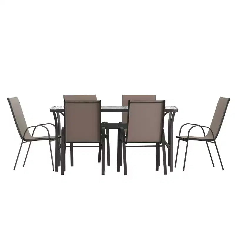Set da pranzo da esterno Flash Furniture Brazos da 7 pezzi di livello commerciale con tavolo da esterno in vetro temperato e 6 sedie con sedili e schienali in materiale Flex Comfort
