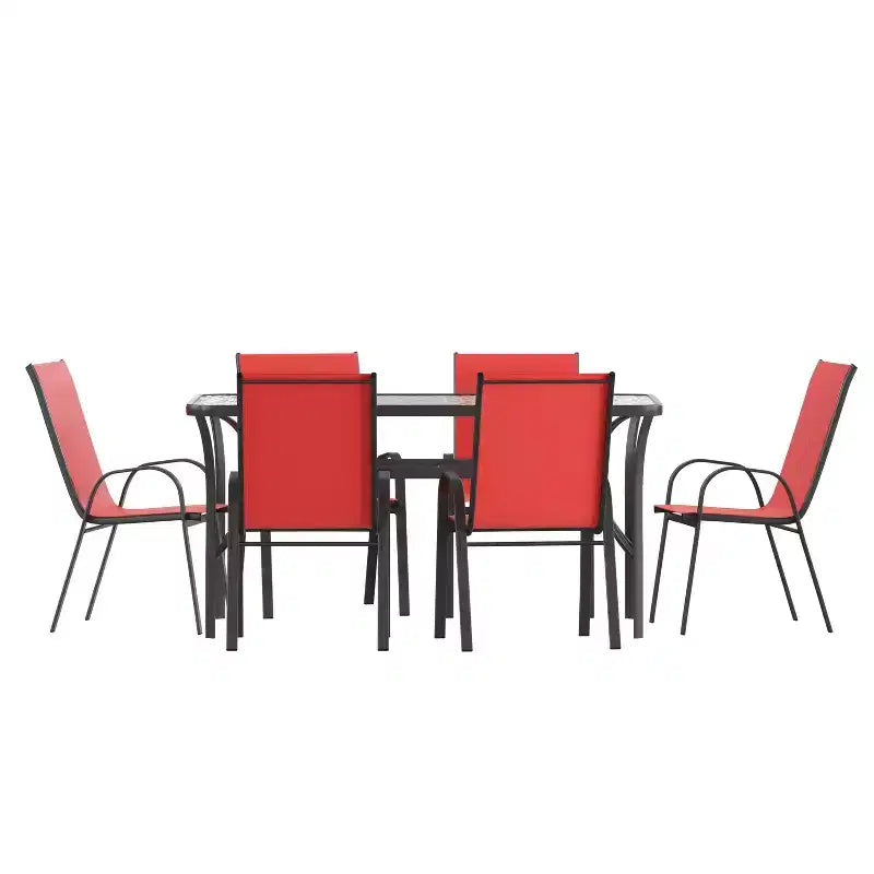 Set da pranzo da esterno Flash Furniture Brazos da 7 pezzi di livello commerciale con tavolo da esterno in vetro temperato e 6 sedie con sedili e schienali in materiale Flex Comfort