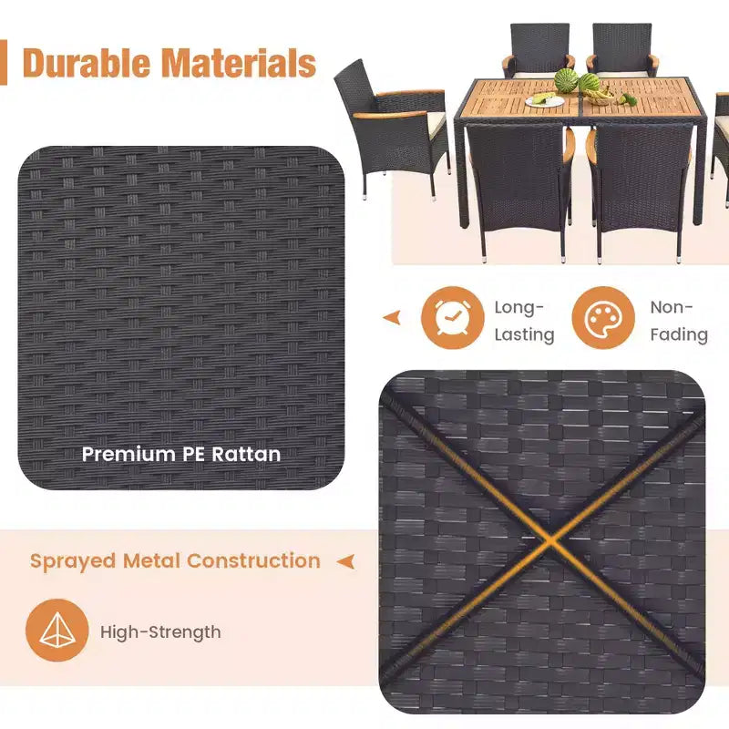 Costway Set da Pranzo per Esterni 7 Pezzi per 6 con Foro per Ombrellone Tavolo in Legno di Acacia per Bordo Piscina Nero e Naturale