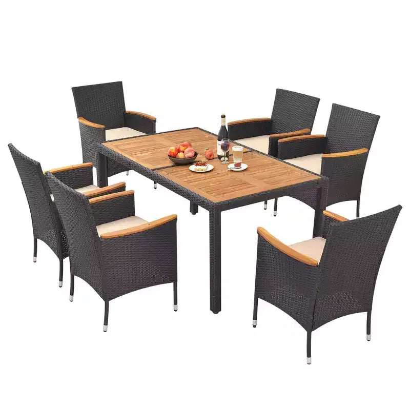 Costway Set da Pranzo per Esterni 7 Pezzi per 6 con Foro per Ombrellone Tavolo in Legno di Acacia per Bordo Piscina Nero e Naturale