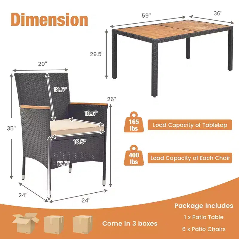 Costway Set da Pranzo per Esterni 7 Pezzi per 6 con Foro per Ombrellone Tavolo in Legno di Acacia per Bordo Piscina Nero e Naturale