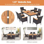 Costway Set da Pranzo per Esterni 7 Pezzi per 6 con Foro per Ombrellone Tavolo in Legno di Acacia per Bordo Piscina Nero e Naturale