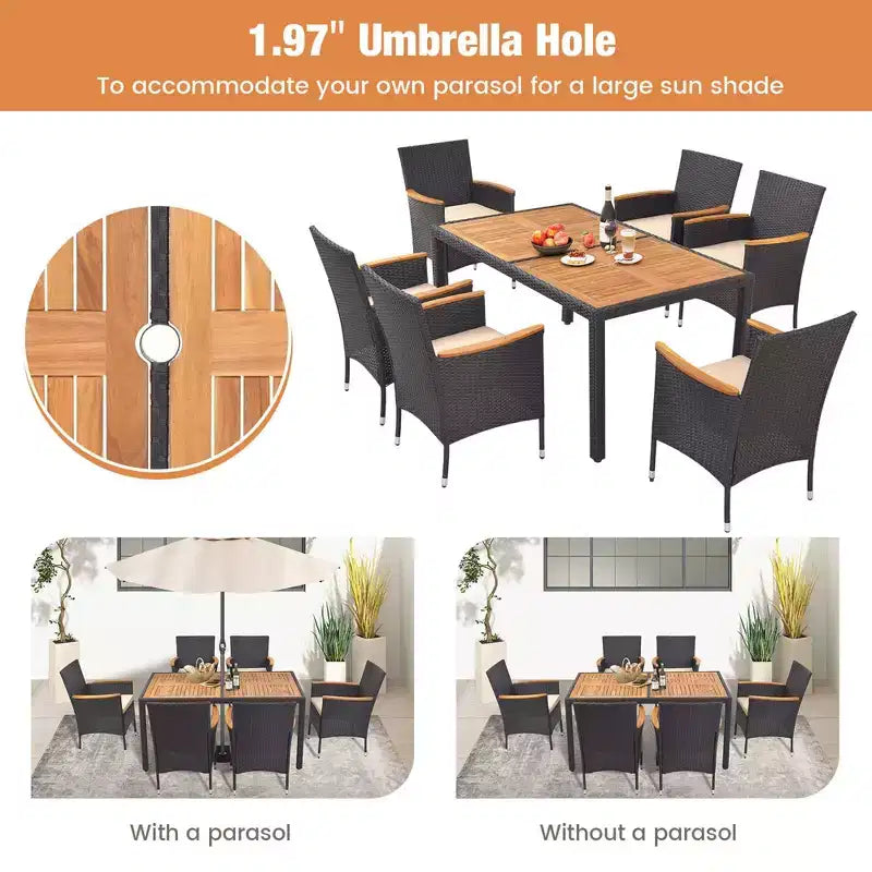 Costway Set da Pranzo per Esterni 7 Pezzi per 6 con Foro per Ombrellone Tavolo in Legno di Acacia per Bordo Piscina Nero e Naturale
