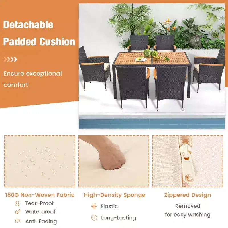 Costway Set da Pranzo per Esterni 7 Pezzi per 6 con Foro per Ombrellone Tavolo in Legno di Acacia per Bordo Piscina Nero e Naturale