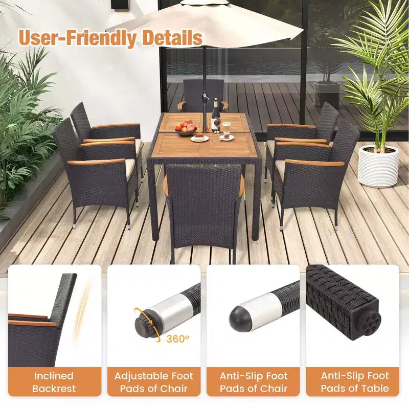 Costway Set da Pranzo per Esterni 7 Pezzi per 6 con Foro per Ombrellone Tavolo in Legno di Acacia per Bordo Piscina Nero e Naturale