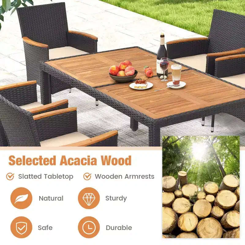 Costway Set da Pranzo per Esterni 7 Pezzi per 6 con Foro per Ombrellone Tavolo in Legno di Acacia per Bordo Piscina Nero e Naturale