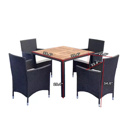 5-Piece Patio Wicker Dining Set, Outdoor Furniture with Acacia Wood Top Table, Black+Creme 4M - ModernLuxe