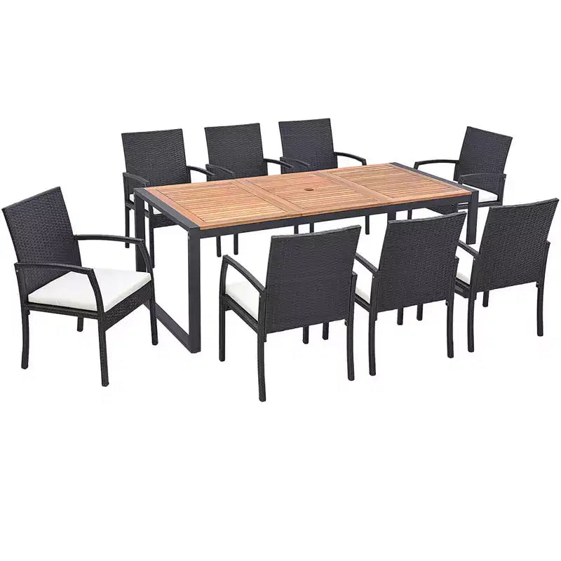 Set da Pranzo da Esterno in Rattan Costway da 9 Pezzi con Tavolo in Legno di Acacia, Foro per Ombrellone da 1,9"