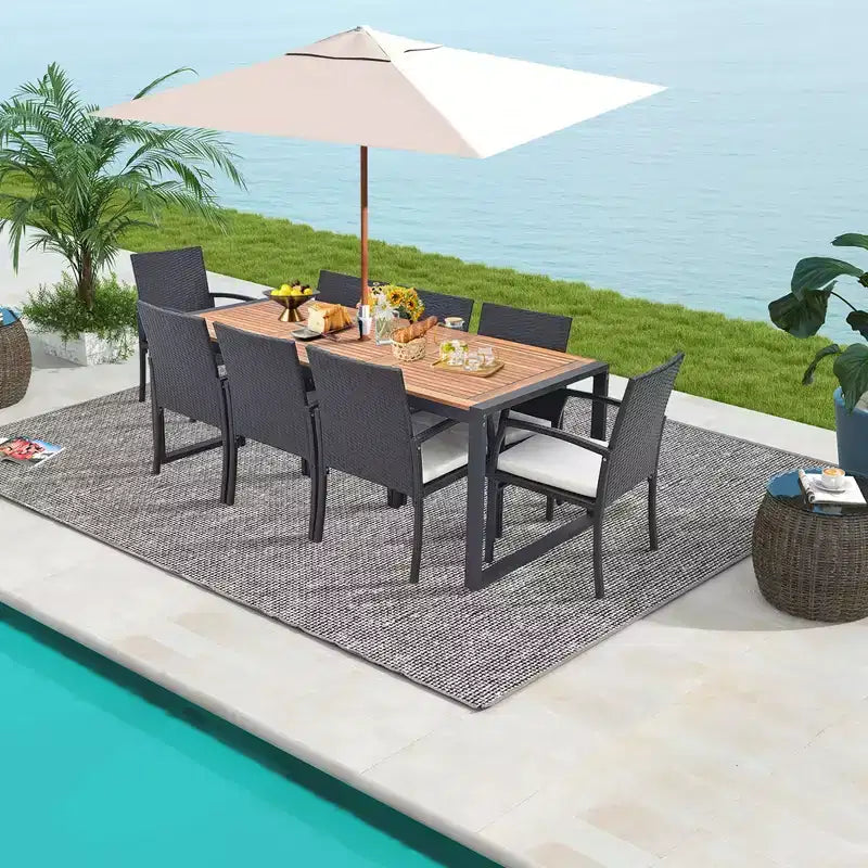 Set da Pranzo da Esterno in Rattan Costway da 9 Pezzi con Tavolo in Legno di Acacia, Foro per Ombrellone da 1,9"