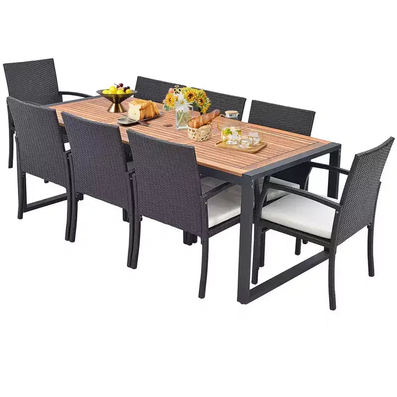 Set da Pranzo da Esterno in Rattan Costway da 9 Pezzi con Tavolo in Legno di Acacia, Foro per Ombrellone da 1,9"