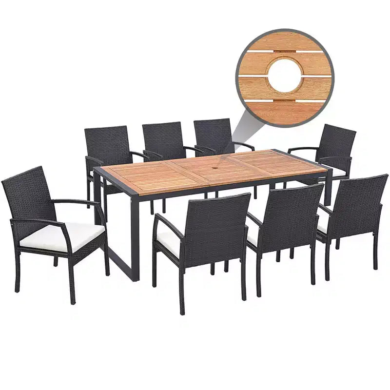 Set da Pranzo da Esterno in Rattan Costway da 9 Pezzi con Tavolo in Legno di Acacia, Foro per Ombrellone da 1,9"