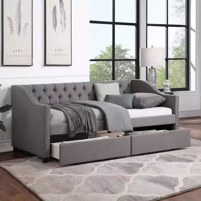 Twin Size Upholstered Daybed Sofa Bed with 2 Drawers, Gray -ModernLuxe