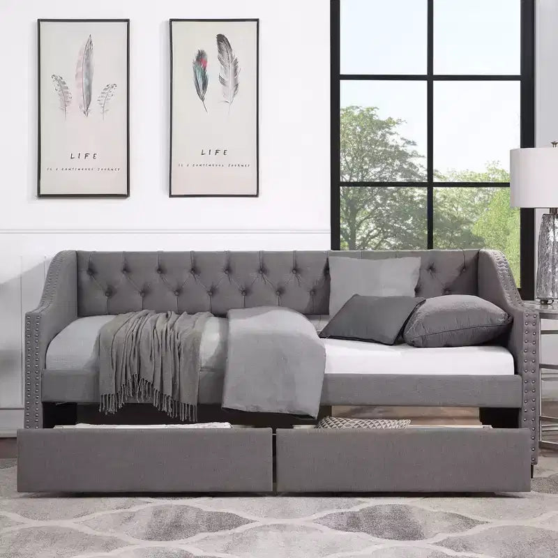 Divano letto imbottito singolo con 2 cassetti, grigio - ModernLuxe