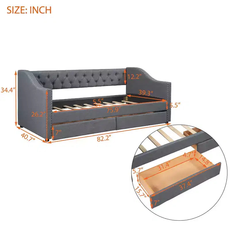 Divano letto imbottito singolo con 2 cassetti, grigio - ModernLuxe