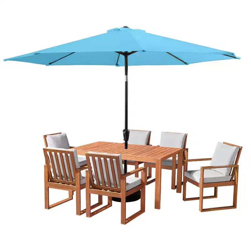 Set da pranzo da esterno 8 pezzi Alaterre Furniture, tavolo Weston con ombrellone a palo decentrato da 3 metri e sistema di inclinazione automatico