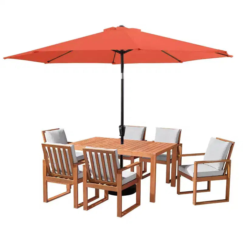 Set da pranzo da esterno 8 pezzi Alaterre Furniture, tavolo Weston con ombrellone a palo decentrato da 3 metri e sistema di inclinazione automatico