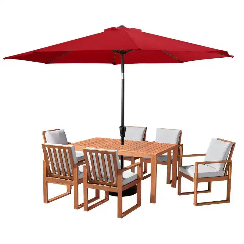 Set da pranzo da esterno 8 pezzi Alaterre Furniture, tavolo Weston con ombrellone a palo decentrato da 3 metri e sistema di inclinazione automatico