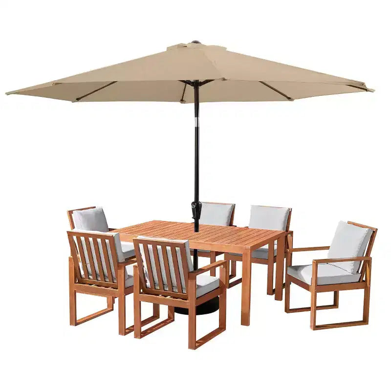 Set da pranzo da esterno 8 pezzi Alaterre Furniture, tavolo Weston con ombrellone a palo decentrato da 3 metri e sistema di inclinazione automatico
