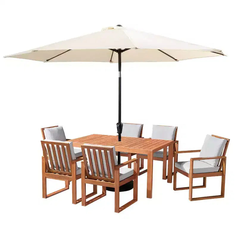 Set da pranzo da esterno 8 pezzi Alaterre Furniture, tavolo Weston con ombrellone a palo decentrato da 3 metri e sistema di inclinazione automatico