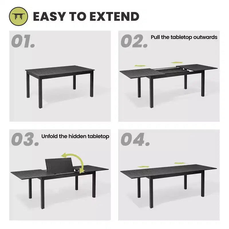 Crestlive Products Patio Tavolo da Pranzo Estensibile in Alluminio per Esterni da 6-8 Posti, Giardino Prato Portico Bistrot, Tavolo Rettangolare Nero
