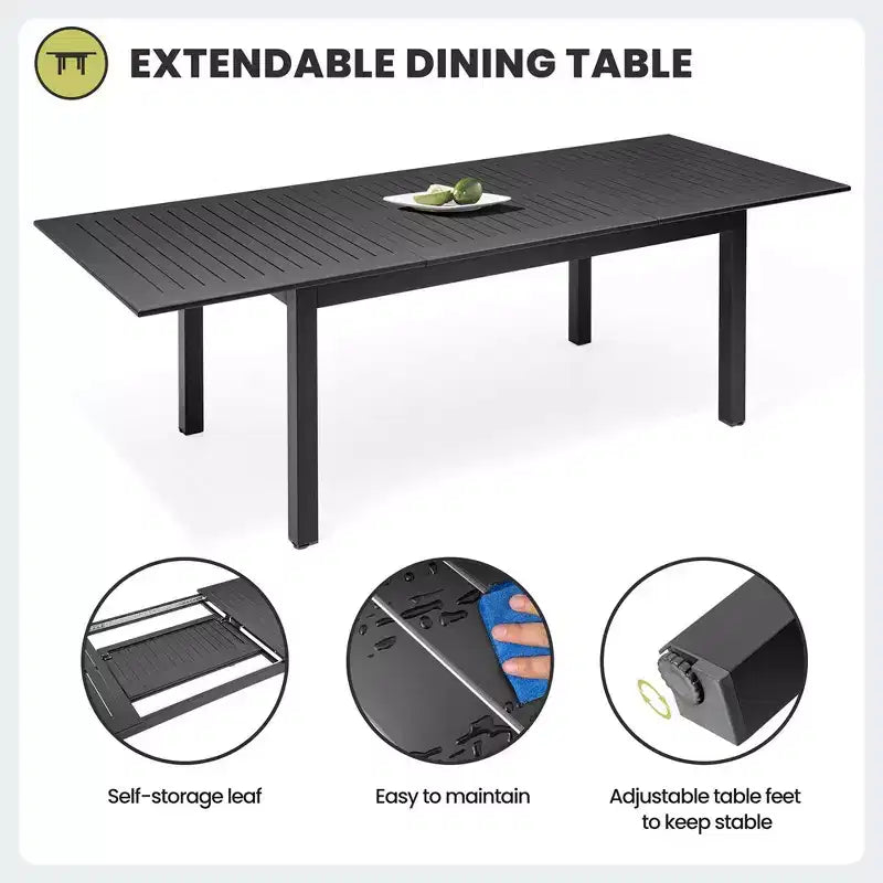 Crestlive Products Patio Tavolo da Pranzo Estensibile in Alluminio per Esterni da 6-8 Posti, Giardino Prato Portico Bistrot, Tavolo Rettangolare Nero