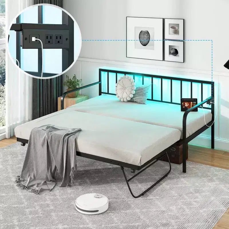 Struttura letto a giorno singola regolabile Costway con stazione di ricarica e luci LED