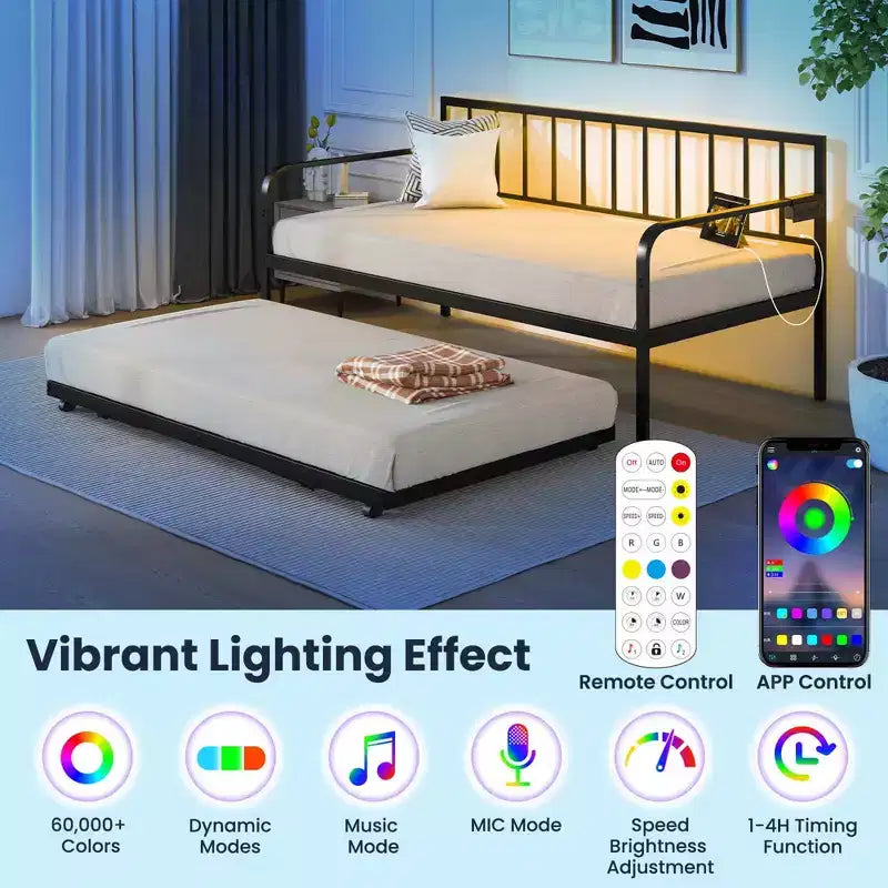 Struttura letto a giorno singola regolabile Costway con stazione di ricarica e luci LED