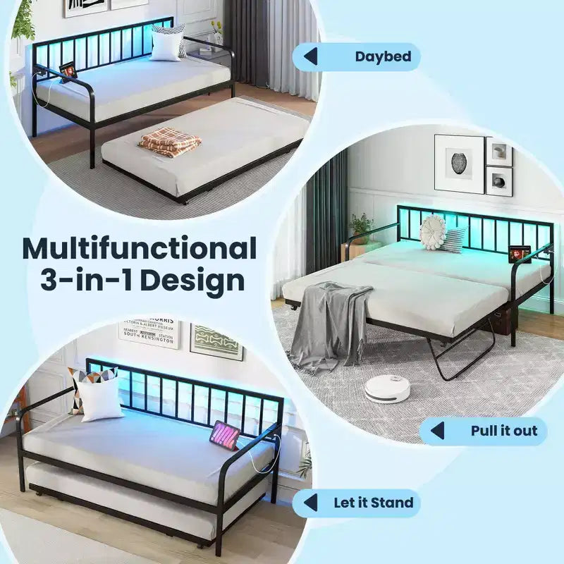 Struttura letto a giorno singola regolabile Costway con stazione di ricarica e luci LED