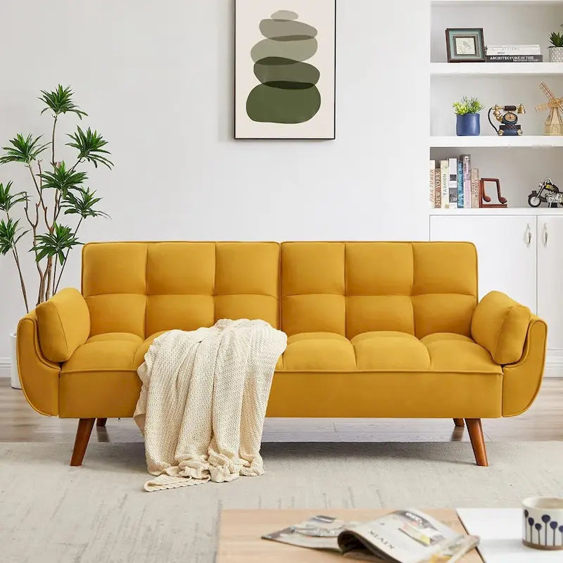 Divano letto futon in velluto verde / grigio chiaro / giallo / grigio scuro / beige, schienale regolabile, 2 posti