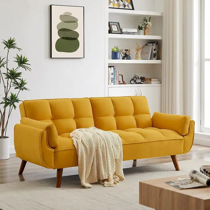 Divano letto futon in velluto verde / grigio chiaro / giallo / grigio scuro / beige, schienale regolabile, 2 posti
