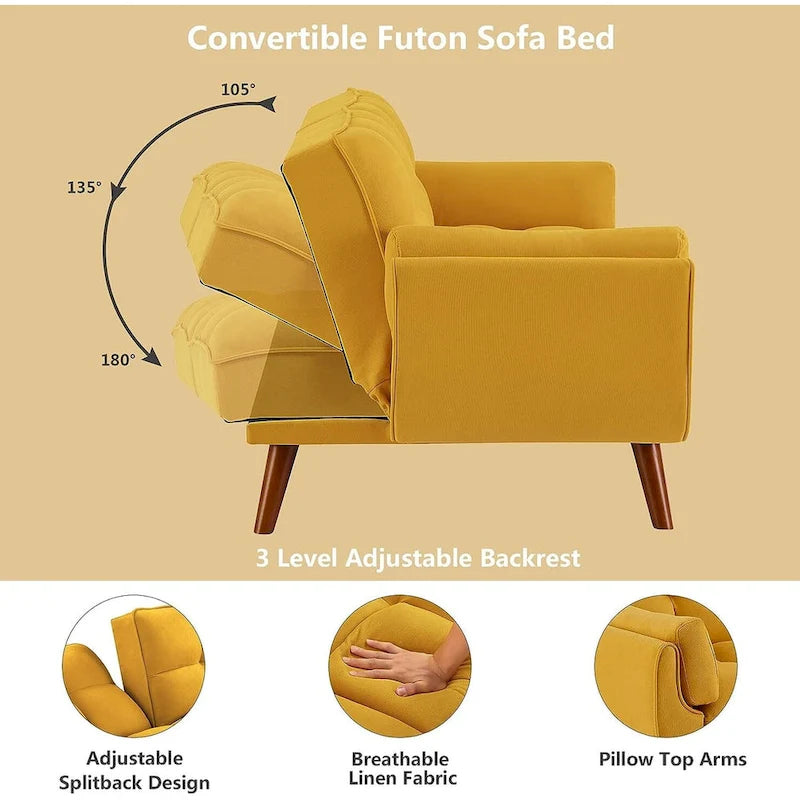 Divano letto futon in velluto verde / grigio chiaro / giallo / grigio scuro / beige, schienale regolabile, 2 posti