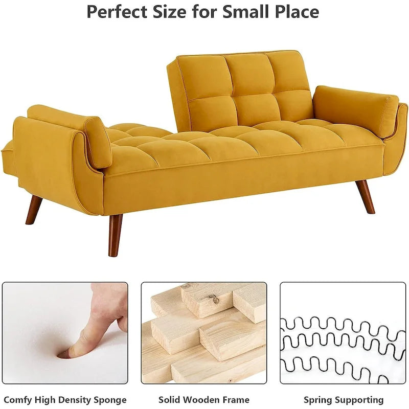Divano letto futon in velluto verde / grigio chiaro / giallo / grigio scuro / beige, schienale regolabile, 2 posti