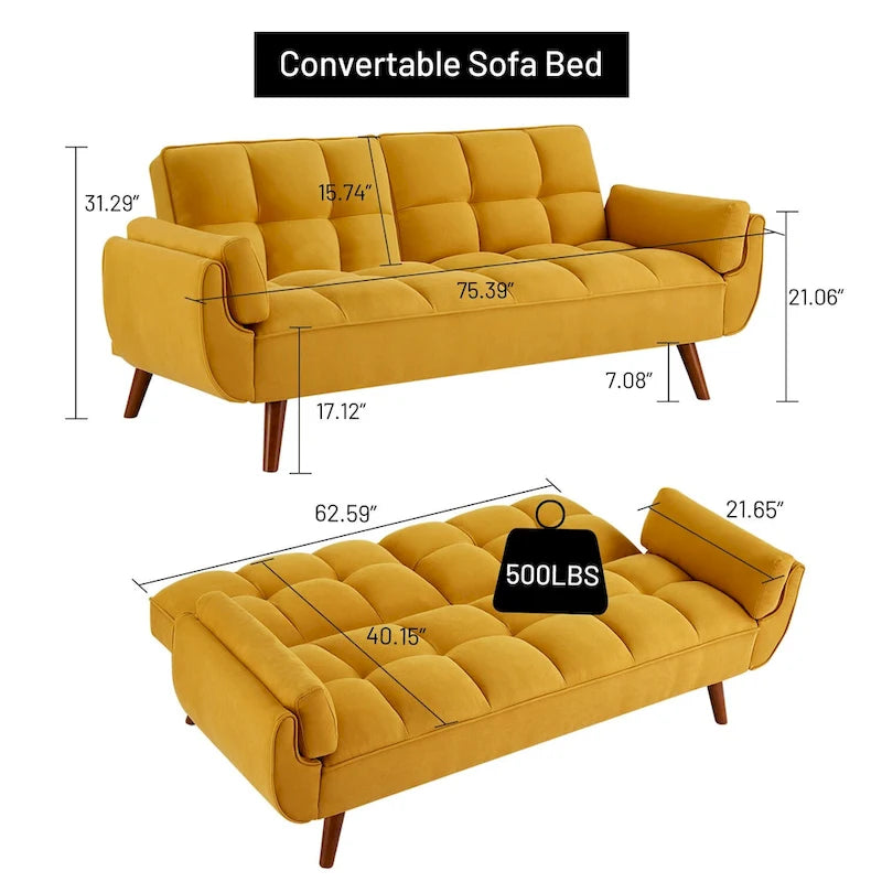 Divano letto futon in velluto verde / grigio chiaro / giallo / grigio scuro / beige, schienale regolabile, 2 posti