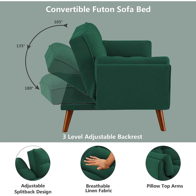 Divano letto futon in velluto verde / grigio chiaro / giallo / grigio scuro / beige, schienale regolabile, 2 posti