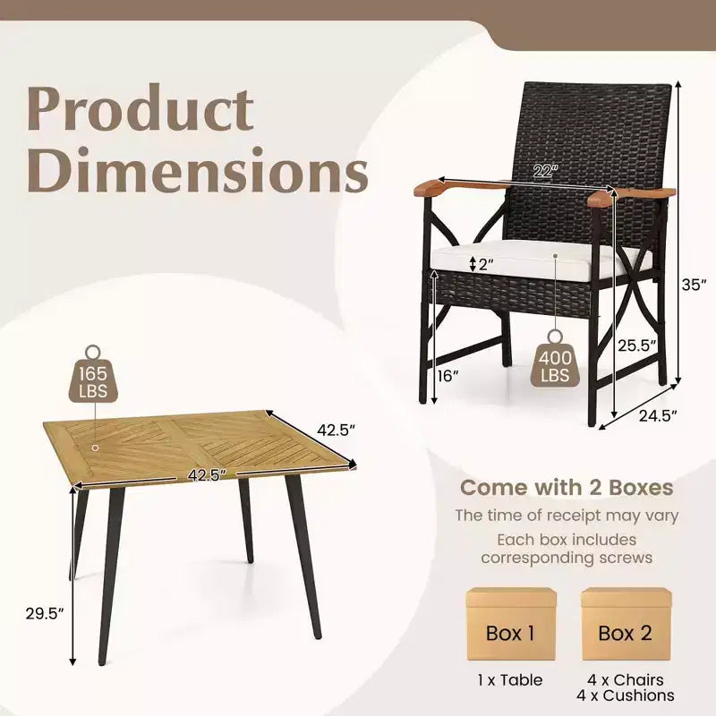 Set da pranzo Costway 5 pezzi in vimini PE per patio, tavolo e sedie con cuscini e foro per ombrellone da 1,9"