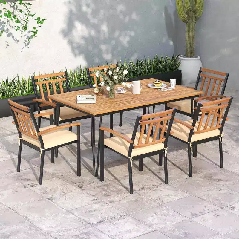 Tavolo da pranzo da esterno Costway da 160 cm per 6 persone con piano in legno di acacia e gambe in metallo