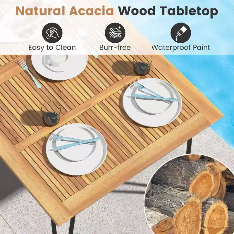 Tavolo da pranzo da esterno Costway da 160 cm per 6 persone con piano in legno di acacia e gambe in metallo