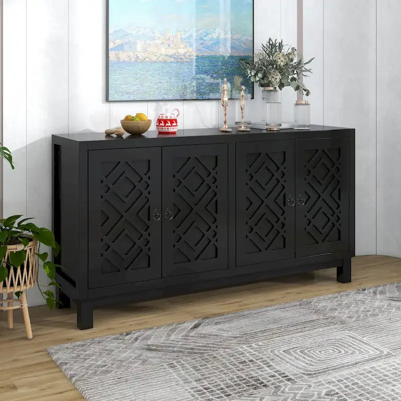 Credenza a 4 ante in nero / grigio chiaro / bianco con motivo a rombi, ripiani regolabili
